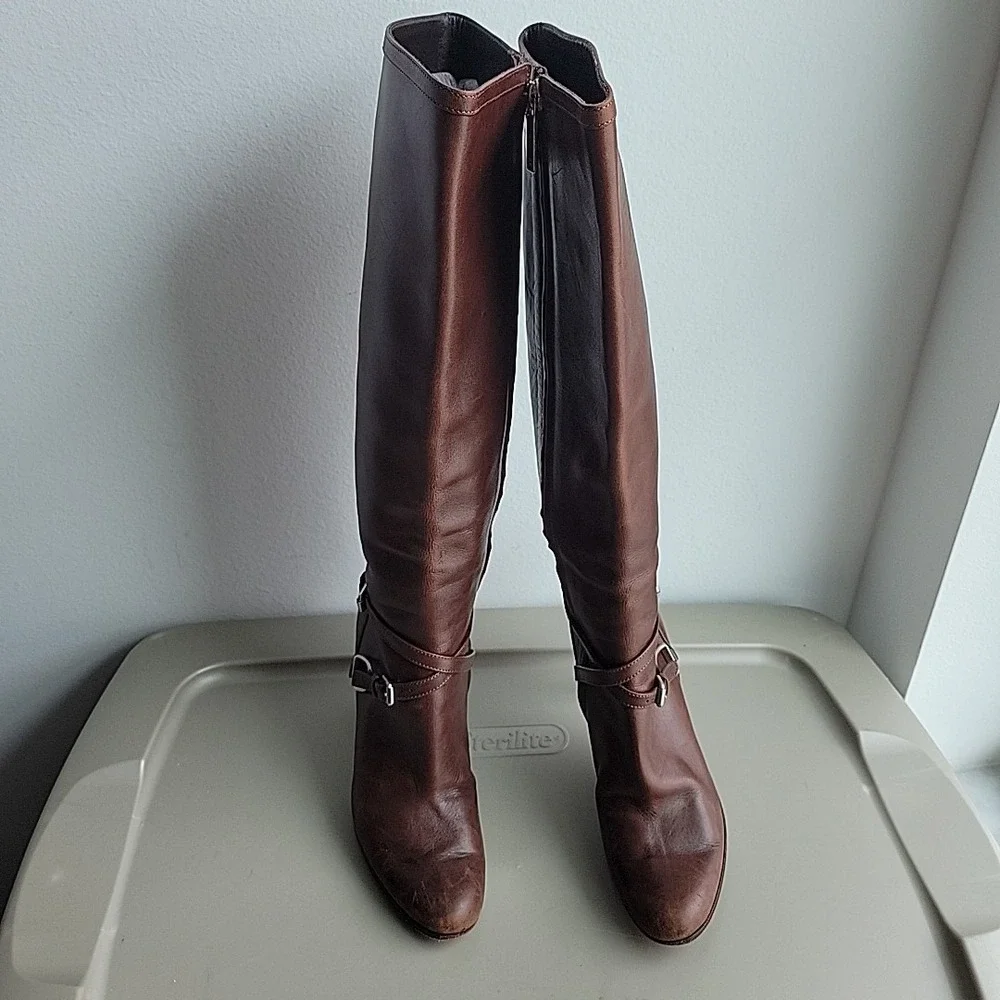Ralph Lauren Purple Label Knee High Leather Boots Womens Size 6.5 Brown Heel Zip